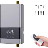 Calentador de agua eléctrico instantáneo de 6000 w con temperatura ajustable y pantalla táctil lcd, apto para cocinas y baños, color plata.