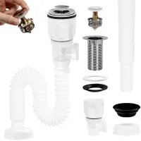 Sifón extensible blanco para fregadero de cocina, con manguera flexible, tapa incluida, antiolores y antiinsectos.