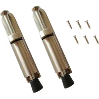 Dos topes de puerta de acero inoxidable con resortes y tornillos.