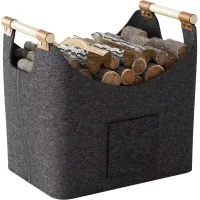 Cesta de fieltro y madera, bolsa de fieltro grueso con asas reforzadas | bolsa de fieltro plegable, gris oscuro, 50 x 32 x 40 cm