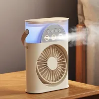 Ventilador pulverizador portátil multifuncional con 3 orificios, enchufable, tres velocidades, color beige.