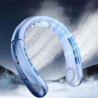 Ventilador de cuello azul sin aspas, carga usb, pantalla digital, ajuste de velocidad del viento de 100°.