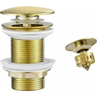 Tapón de desagüe emergente chapado en oro para lavabo (sin orificio de rebosadero), con cesta coladora, tapón de desagüe de latón para lavabo de baño