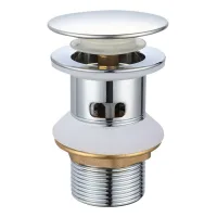 Válvula de desagüe para lavabo de latón cromado con sistema de apertura por presión, fácil de limpiar e instalar.