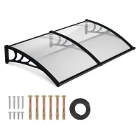 Toldo para puerta exterior 200 x 100 cm, policarbonato 5 mm, canalón de desagüe, soportes abs negros, cubierta transparente