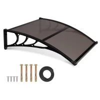Toldo para puerta exterior 120 x 100 cm, policarbonato 5 mm, canalón de desagüe, soportes abs negros, cubierta marrón