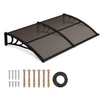 Toldo para puerta exterior 200 x 100 cm, policarbonato 5 mm, canalón de desagüe, soportes abs negros, cubierta marrón