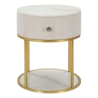 Mesita De Noche De Metal Dorado, Tela Beige Y Madera Blanca Ø Cm 42x48