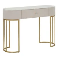 Consola De Metal Dorado, Tela Beige Y Madera Blanca Cm 100x40x75