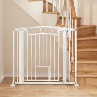 Barrera de seguridad para animales regulable 76-104 cm con puerta para gato, acero y plástico, blanco