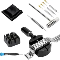 Kit para reloj: punzón 2 en 1, martillo y destornillador de relojero, abridor de caja, 7 puntas de repuesto para correa de reloj, batería.