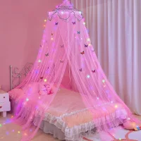 Cortina de cama con mosquitera led para niños - cortina de princesa diy con estampado de estrellas y mariposas (60 x 250 x 850 cm)- rosa
