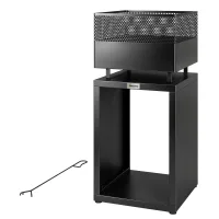Brasero de 39 x 39 x 87 cm, con almacenamiento de leña, parrilla para carbón y patas ajustables, color negro.