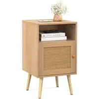Mesita De Noche De Ratán Patas De Madera Maciza Costway 40 X 39 X 70 Cm