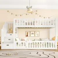 Cama Litera 90x200 Cm Con Escalera Integrada Con Espacio De Almacenamiento, Color Blanco - Sweiko