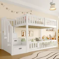 Litera Infantil Baja 90 X 200 Cm Blanca Con Escalera De Almacenaje