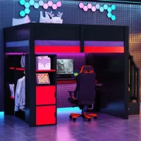 Cama Alta De Madera 140x200 Con Escritorio, Luces Led Y Almacenamiento
