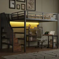 Cama Alta De Metal 140x200 Cm Negra Con Escritorio Integrado, Escalera Y Luz Led