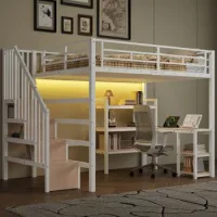 Cama Alta Metálica Blanca 140x200 Con Escritorio, Escalera Y Almacenaje