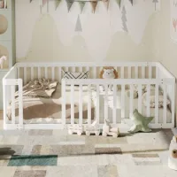 Cama Infantil De Madera De Pino De 90 X 200 Cm, Blanca, Con Valla De Seguridad