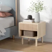 Mesita De Noche Con Cajón Y Estante Abierto, 47 X 47 X 50 Cm, Acabado De Madera Natural