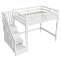Cama Alta De Madera Maciza De 140 X 200 Cm, Con Exclusiva Rejilla De Seguridad Con Ventana, Escalera De Almacenamiento Intercambiable Por Ambos Lados, Cama Multifuncional Blanca