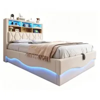 Cama Tapizada 140×200 Con Almacenaje Hidráulico Tira De Luz Led Controlada Por App Puerto De Carga Usb Somier De Láminas De Metal Tapizado De Lino Beige