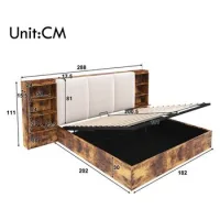Estructura De Cama Con Plataforma (180 X 200 Cm) Con Cabecero Acolchado, 6 Compartimentos De Almacenamiento, Espacio De Almacenamiento Hidráulico Y Tira De Luces Led, Marrón