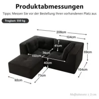 Sofá Esquinero Modular Y Configurable, Sofá De Dos Plazas Sin Marco En Forma De L Con Reposapiés Móvil, Cómoda Tela De Pana, Adecuado Para Sala De Estar Y Dormitorio,black