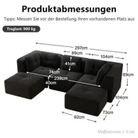 Sofá Modular De Salón Sin Estructura, Adecuado Para La Sala De Estar, Sofá De Pana De Tres Plazas Con Asiento Profundo, No Requiere Montaje,negro