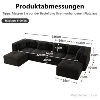 Sofá Modular De Sala De Estar Sin Estructura, Sofá Esquinero Modular, Sofá En Forma De U Con Otomana, Sofá Cama Profundo, Diseño Antideslizante, No Requiere Ensamblaje,black