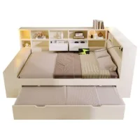 Cama Contenedor 140x200 En Blanco, Cama De Madera Con Cama Plegable, 8 Compartimentos Y Puertos De Carga Usb/tipo C - Cama Doble Y Juvenil Que Ahorra Espacio, Sin Colchón