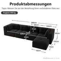 Sofá Modular De Salón Sin Estructura, Un Cómodo Sofá De Cuatro Plazas Con Asiento Profundo, Suaves Cojines Y Funda De Pana, No Requiere Montaje Y Con Antideslizante Negro