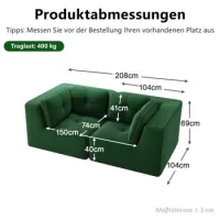 Sofá Esquinero Modular Y Configurable, Sofá De Dos Plazas Sin Marco, Cómodo Sofá De Pana, Adecuado Para Salón Y Dormitorio, Verde