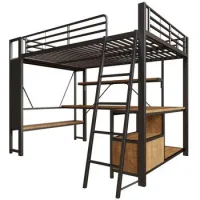 Cama Alta, 140 X 200 Cm, Estructura De Hierro, Con Tira De Luz Led, Escritorio, Espacio De Almacenamiento, Múltiples Estantes, Pared Perforada, Puerto Usb, Sin Colchón, Negro
