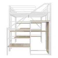 Cama Alta De 140 X 200 Cm, Estante De Almacenamiento De Tres Capas, Escritorio, Armario, Escaleras De Seguridad Con Compartimento De Almacenamiento, Diseño De Valla Alta, Cama De Hierro