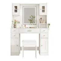 Tocador Grande Con Iluminación Led Regulable Y Enchufes, Tocador Con Espejo, 6 Cajones Y 4 Puertas Para El Dormitorio, Blanco, Dimensiones 105×152×40 Cm (an×al×pr)