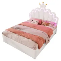 Cama Tapizada, 140 X 200 Cm, Sin Colchón, Luz Ambiental Con Control Remoto, Cama Con 2 Cajones, Cama Princesa En Forma De Corona, Cabecero Ajustable, Pu, Blanco
