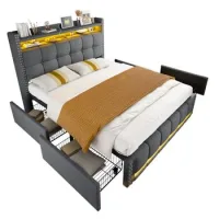 Cama Tapizada De 140*200 Cm Con Iluminación Led Y Toma Usb, Cabecero Con Estantes Y Espacio De Almacenamiento Con 4 Cajones, Cama Doble Para Adulto, Tela De Lino Gris