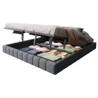 Cama Tapizada 180x200 Cm, Estructura De Cama Flotante Hidráulica Con Espacio De Almacenamiento, Cama Tapizada Multifuncional Sin Cabecero Con Luz Led, Gris Lino