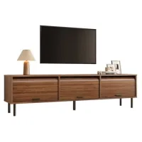 Mueble Para Tv, Mueble Bajo Para Tv Con 3 Puertas Correderas, Relieve Vertical, Tiradores Negros, Patas De Metal Negro, Mueble Para Tv Para Salón