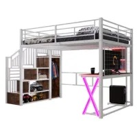 Cama Alta, 140*200cm, Con Luces Led, Escalera De Almacenaje, Escritorio, Armario, Estantes, Sin Colchón, Blanca