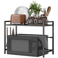 Rejilla Extensible Para Microondas, Soporte Para Microondas Con 3 Ganchos, Estante De Cocina, Soporte Metálico Para Microondas, Negro