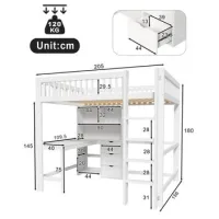Cama Alta, 140x200 Cm, Varios Compartimentos, Escalera, Escritorio, 3 Cajones, Sin Colchón, Blanco