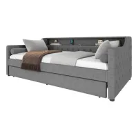 Sofá Cama De 90 X 200 Cm, Sofá Cama Con Somier De Láminas (sin Colchón), Con Luces Led, Cama Con Cama Plegable, Toma De Carga Usb, Lino, Gris