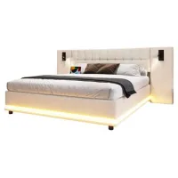 Cama Tapizada, 180*200cm, Con Tira Led, Cabecero Con Foco, Con Usb, Sin Colchón, Lino, Beige