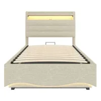 Cama Tapizada, 90 X 200 Cm, Sin Colchón, Con Iluminación Led, Con Mecanismo Hidráulico, Con Puertos Usb Y Tipo C, Compartimento De Almacenamiento, Estantes Para Objetos, Tela De Lino, Beige