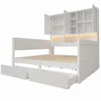 Cama Infantil, Cama Contenedor 140x200 Con Iluminación Led, Puertos De Carga Usb Y Cajones, Cabecera Acolchada De Pu, Diván, Cama De Madera En Forma De L, Diván Con Estantes Y Armarios