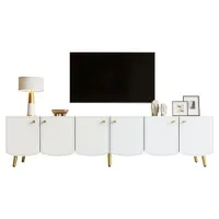 Mueble De Tv/aparador Moderno Con Patas Y Tiradores Dorados, Mesa Baja De 180 Cm Con 6 Puertas, Consola De Tv Para Salón Y Dormitorio, Blanco, 180 X 40 X 45 Cm