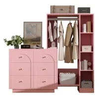 Armario Multiusos Moderno, Armario Abierto Con Barra Para Ropa, 6 Cajones Y Estantes Laterales, Armario De Almacenamiento Para Dormitorio, Rosa, 139 × 35 × 133 Cm